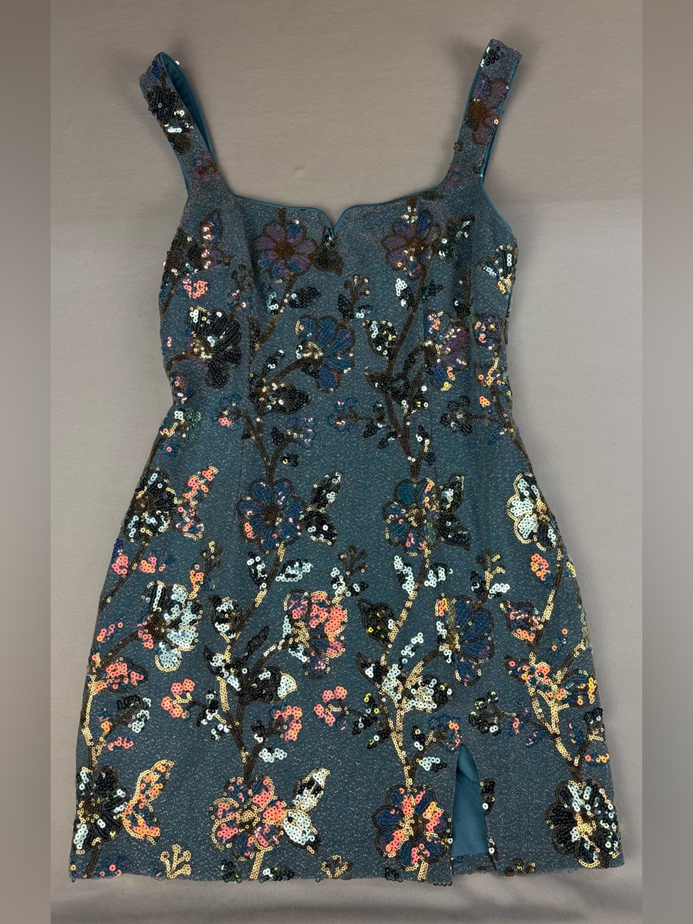 Hello Molly Blue Floral Sequin Mini Dress M/US  6 Glitter Embroidered Square